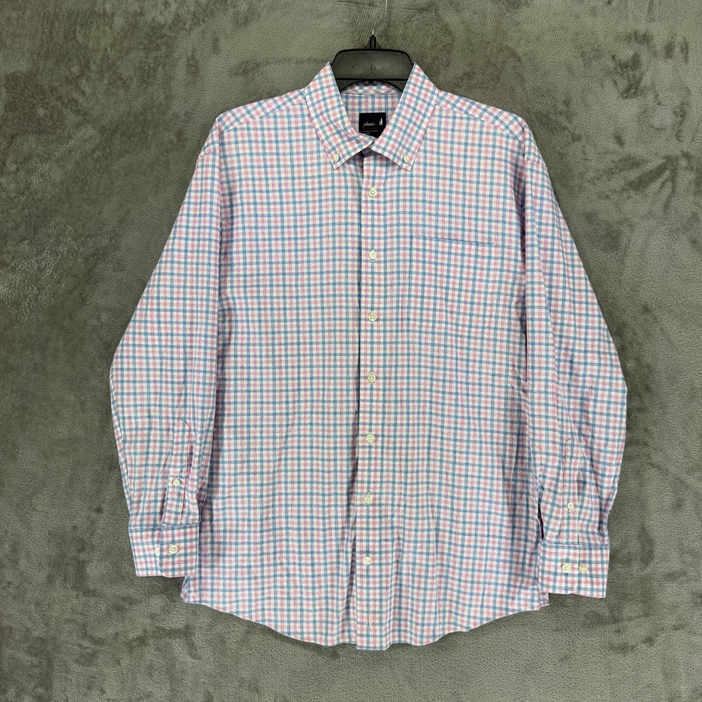 Johnnie-O Performance Mens Medium Pink Blue‎ Check Button Down Shirt Long Sleeve